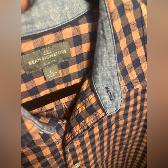 LL BEAN SIGNATURE Slim Fit Men’s Blue Orange Checkered Button Up Sz Large Shirt - Picture 9 of 12